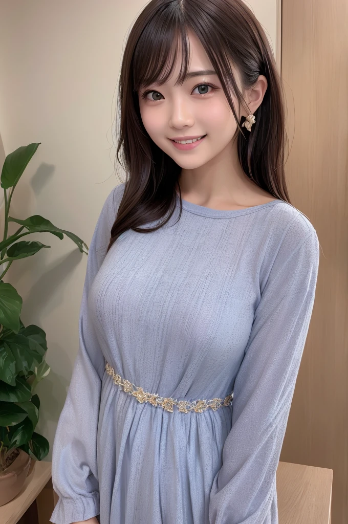 8K、High definition、Ultra Detail、Photorealistic、Realistic and accurate depiction、Realistic and accurate human anatomy、High resolution、Highest quality、Japanese Beauty、Best Quality,フォトリアリスティックHigh resolution,Cute Woman,Beautiful detailed eyes,Beautiful detailed lips,Smiling,Laughing,Cute,enjoy,Happy smile,Magical moments,looking at the camera、A slender body、Happy expression、Visible dimples、Random medium hairstyles、22 years old、Show the whole body、A neat and cute dress design