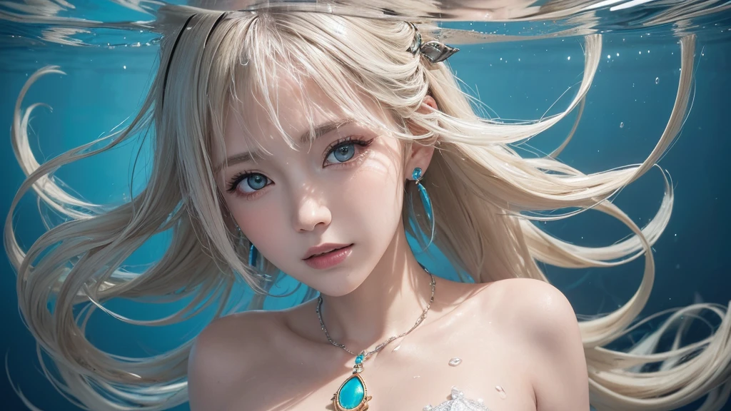 (Highest Quality Realistic Textured Skin),(terrible),(OK, round, Symmetrical eyes),Delicate facial features,(Burning bright cold eyes),(She has a mischievous smile),(Her face is kind and beautiful),Glass earrings in the ears,,(blonde),(Silvery white hair),(Chestnut Hair),(Swim at the bottom of the ocean),(Full body portrait:1.5),(Dramatic Photos:1.4),(Dramatic Pose),(Flashy photos)(look up),(Looking down),(Around her neck is a simple necklace made with exquisite craftsmanship.),Cluttered photos,(Hair flowing in water:1.5),(Underwater, Life at sea, 美しいCoral Reef, fish),(Background vortices and currents),(Dramatic Light),(Nice views),(美しいfishに囲まれて),遠くの背景にはCoral Reefに沈んだ寺院が見える,Coral Reef,Spectacular realism,Cinematic atmosphere,(High-density image review:1.5),(Soft colors:1.2),Very detailed,Dramatic Light,(Intricate details:1.1),Complex background,