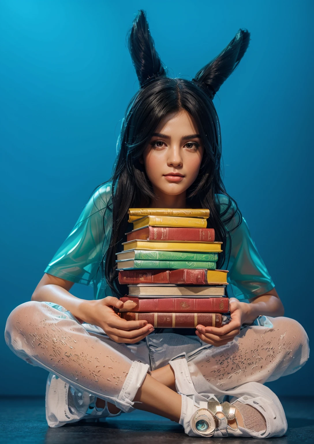 The image is a 3D rendering of a young girl with black hair and a pouty expression, wearing a green t-shirt and holding a stack of books, smooth 3d model, glossy plastic texture, multiple light sources, rim light, sharp post effects render, most beautiful vfx, , realistic, 4k, high resolution, rim light, smooth 3d model. ,  glossy texture, smooth 3d model, multiple light sources, rim light, sharp post effects render, (glossy plastic texture with multiple big light probe refractions), perfect cgi,   reflective, best quality, 4k, masterpiece:1.2, ultra-detailed, realistic, vivid colors, The image of the highest quality, ensuring every detail showcased perfectly. It in 4k resolution, allowing viewers to immerse themselves in the richness of the colors and intricate details. The realistic rendering. under the spotlight, reflecting, high-resolution image, realistic rendering