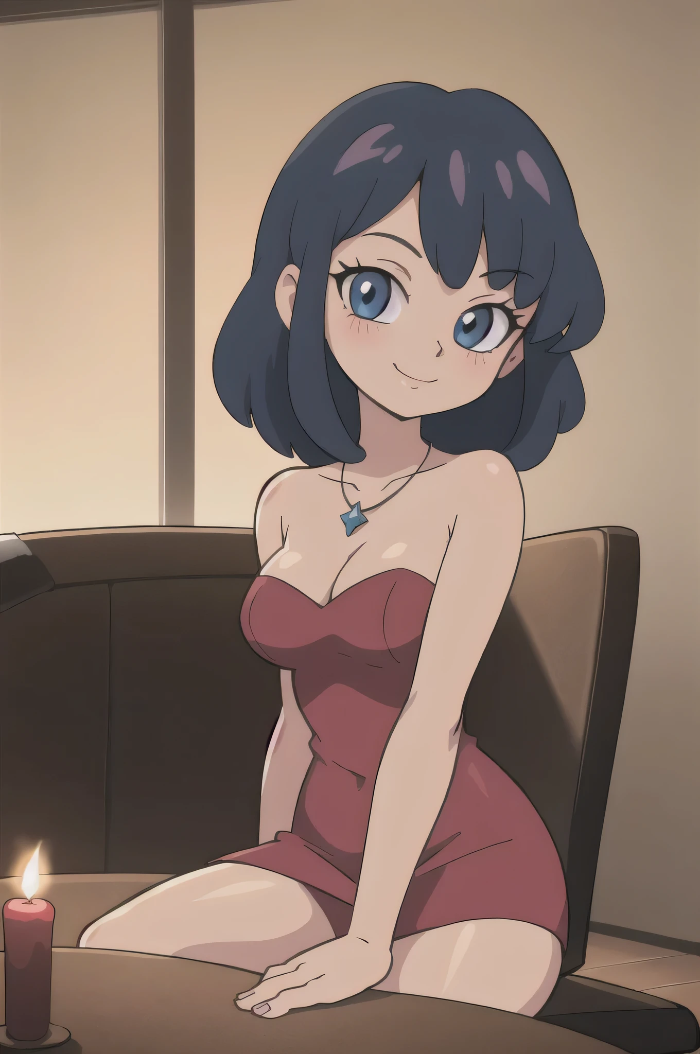 80’s anime style, indoors, 1girl, solo, dark black medium hair, blue eyes, looking at viewer, sitting on that table being sensual, blush, smile, red dress, red strapless dress, necklace, holding glass of wine, with candles lights burning, indoor, perfect quality, cowboy shot, good quality, masterpiece, HDR, UHD