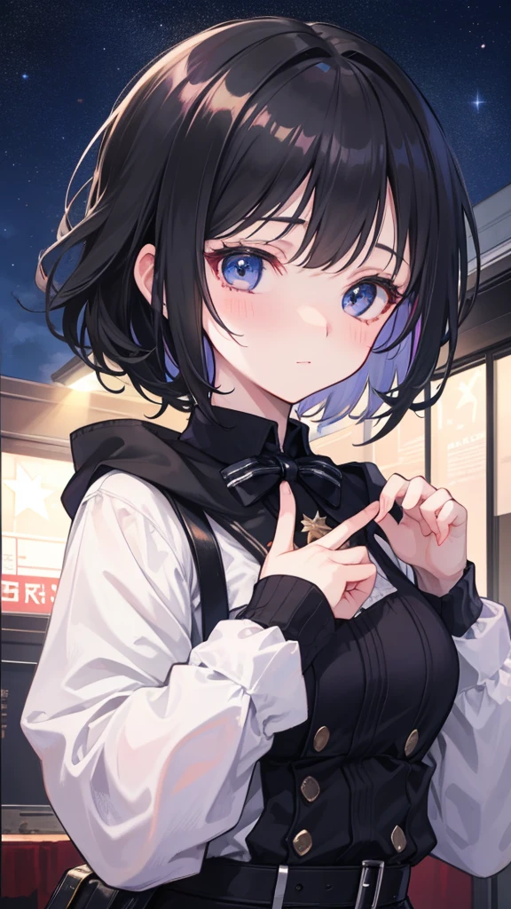 High detail, Super detailed, Ultra-high resolution,A girl whose face went red after being confessed to on the roof of a building, The background is a beautiful starry sky with colorful stars., looking at the camera, Delicate face, Add a playful touch ,Embarrassed face、Short black hair
