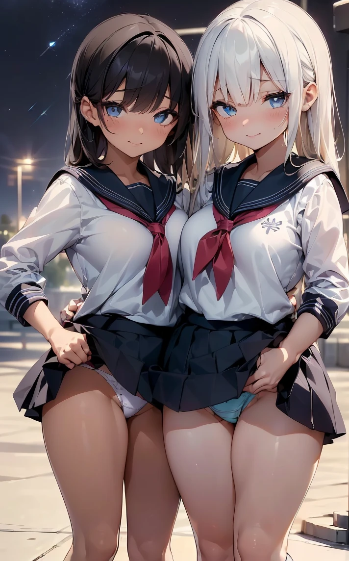 (Cute eyes:1.2), (Sparkling eyes:1.2),(Beautiful Eyes:1.2), Highest quality,wonderful,finely,Highly detailed CG Unity 8k wallpaper, (The three of them lined up and hugged:1.2),(Three people with different heights:1.3), (Three Girls, Sailor suit, Skinny body, Dressed), (Huge breasts), (Open your mouth:1.1),(White knee socks:1.1),(Thighs:1.3),(Waistline:1.2),(お揃いのSailor suit:1.2),(From behind:1.2),(Beautiful eyes:1.2),(Different hairstyle),(All three have different eye colors:1.5),(All three have different skin colors:1.5),(Thighsまで隠れるニーソックス:1.4),(Showing off panties)