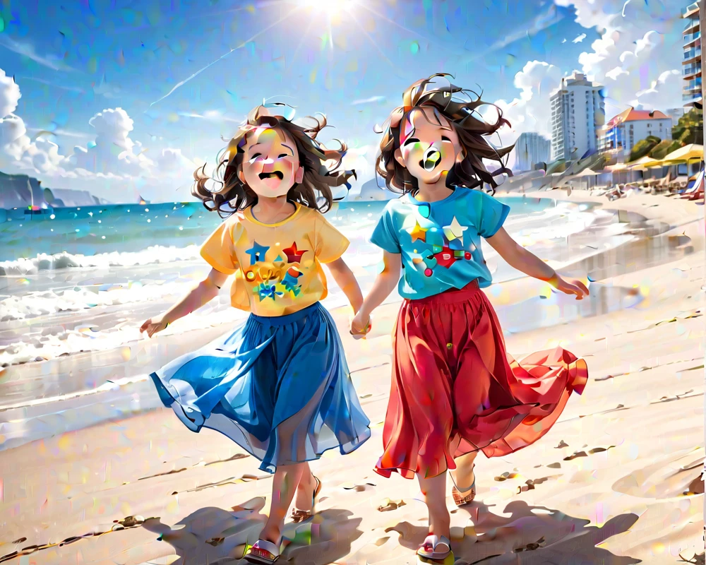2 girls, , playing in backgorund in beach, use tshirt and long skirt, look at viewer, laughing