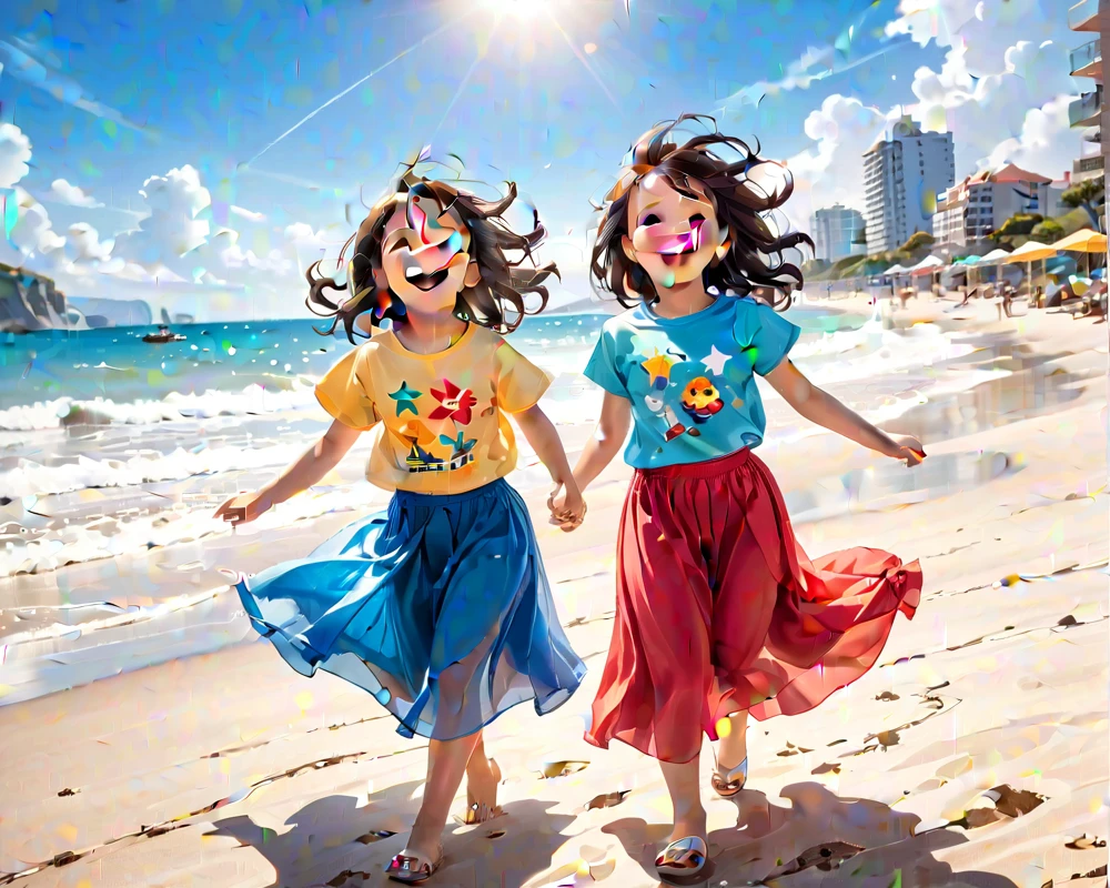2 girls, 4 years old, playing in backgorund in beach, use tshirt and long skirt, look at viewer, laughing 