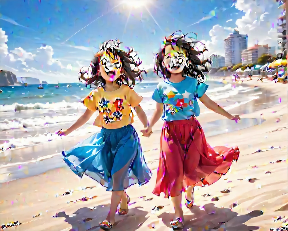 2 girls, 4 years old, playing in backgorund in beach, use tshirt and long skirt, look at viewer, laughing 