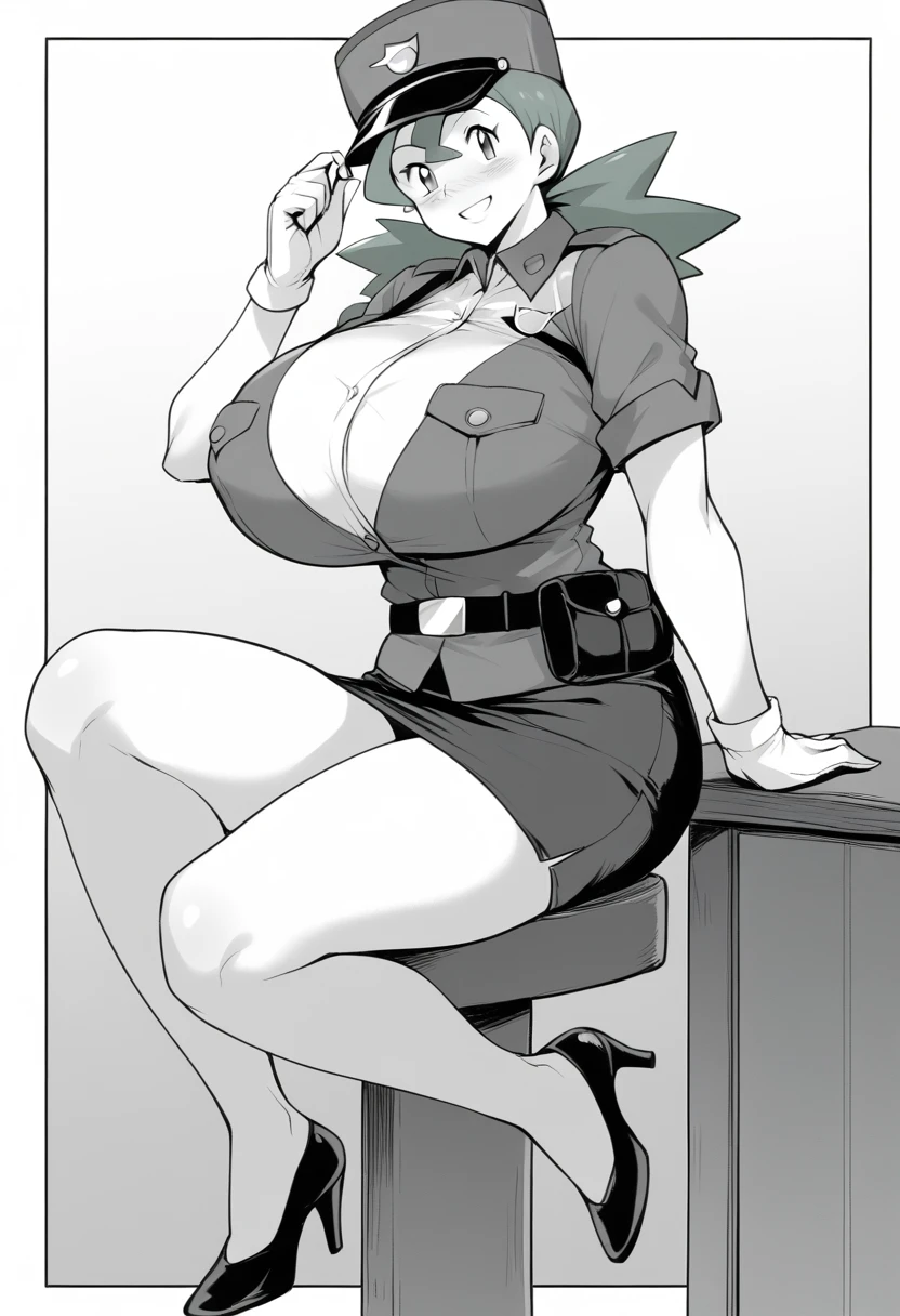 nanao yukiji style, greyscale, manga, jenny(pokemon), 1girl, solo, green hair, police uniform, belt, pencil skirt, short skirt, white gloves, black high heels, huge breasts, smile, blush