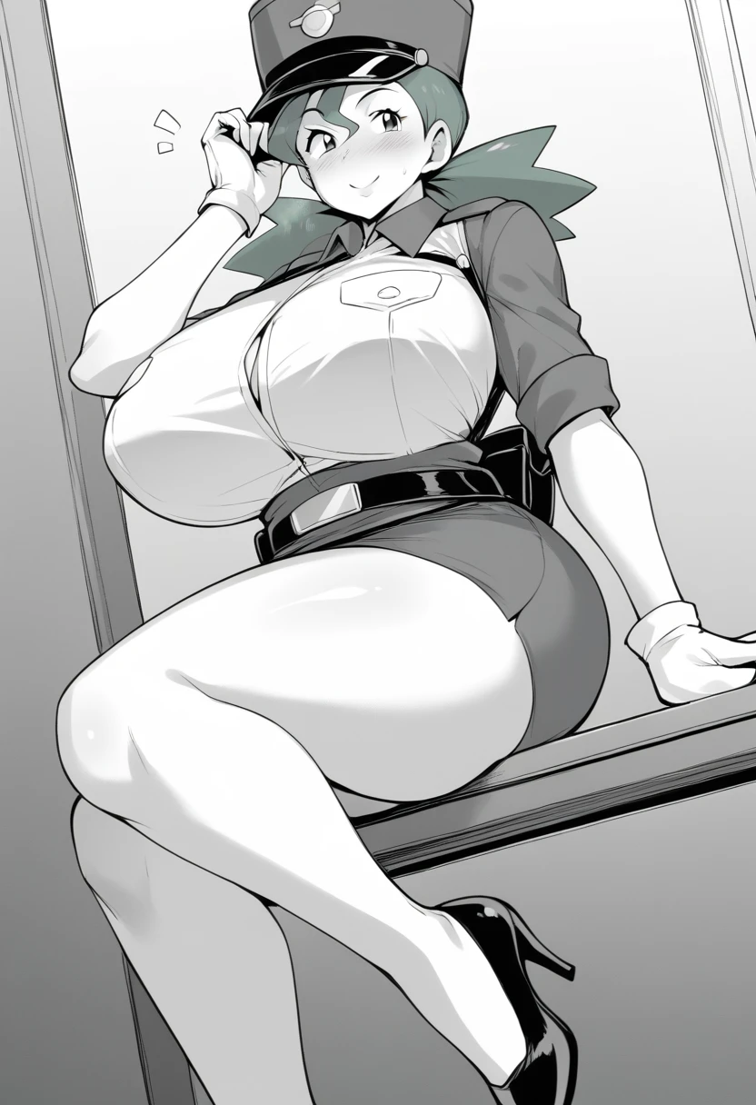 nanao yukiji style, greyscale, manga, jenny(pokemon), 1girl, solo, green hair, police uniform, belt, pencil skirt, short skirt, white gloves, black high heels, huge breasts, smile, blush