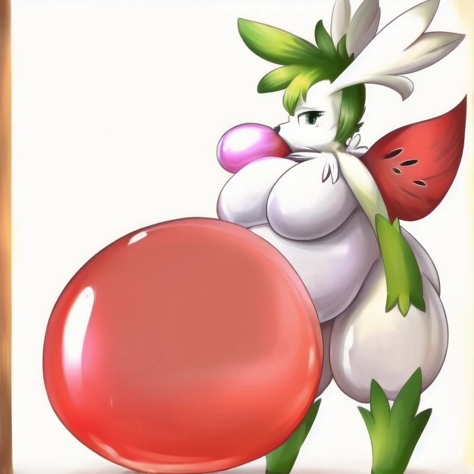 ((highest quality)), Perfect Face ((Shaymin:1.1)) ((Pokémon)) ((anthropomorphic)) (female) (((A big inflated belly))) (((Belly))) ((large balloon)) ((blowing yellow balloon)) ((looner)) (standing) (big pair of breasts)