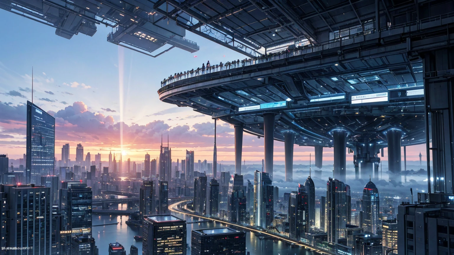 (Best quality,4K,8K,A high resolution,Masterpiece:1.2),Ultra-detailed,(Realistic,Photorealistic,photo-realistic:1.37),Futuristic floating city,Futuristic technology,Huge urban high-tech tablet platform,Airship,Floating in the sky,Futuristic city,Small airships around,High-tech hemispherical platform,Colorful lights,Advanced architecture,modernn architecture,skyscrapper,Access the cloud,Scenic beauty,view over city,Impressive design,Blend seamlessly with nature,energetic and vibrant atmosphere,Futuristic transportation system,Parking is suspended,Transparent path,Lush greenery,Sky gardens,cascading waterfalls,Magnificent skyline,reflections on the water,Sparkling river,Architectural innovation,futuristic skyscrapers,Transparent dome,The shape of the building is unusual,Elevated walkway,Impressive skyline,Glowing lights,Futuristic technology,Minimalist design,Scenic spots,Panoramic view,Cloud Piercing Tower,Vibrant colors,epic sunrise,epic sunset,Dazzling light display,magical ambiance,The future city,Urban Utopia,LuxuryLifestyle,Innovative energy,sustainable development,Smart city technology,Advanced infrastructure,Tranquil atmosphere,Nature and technology live in harmony,Awesome cityscape,Unprecedented urban planning,Architecture connects seamlessly with nature,High-tech metropolis,A cutting-edge engineering marvel,The future of urban living,Visionary architectural concept,Energy-efficient buildings,Harmony with the environment,A city floating above the clouds,Utopian dreams become reality,The possibilities are endless,State-of-the-art transportation network,Green energy integration,Innovative materials,Impressive holographic display,Advanced communication system,Breathtaking aerial view,Quiet and peaceful environment,Modernist aesthetics,Ethereal beauty
