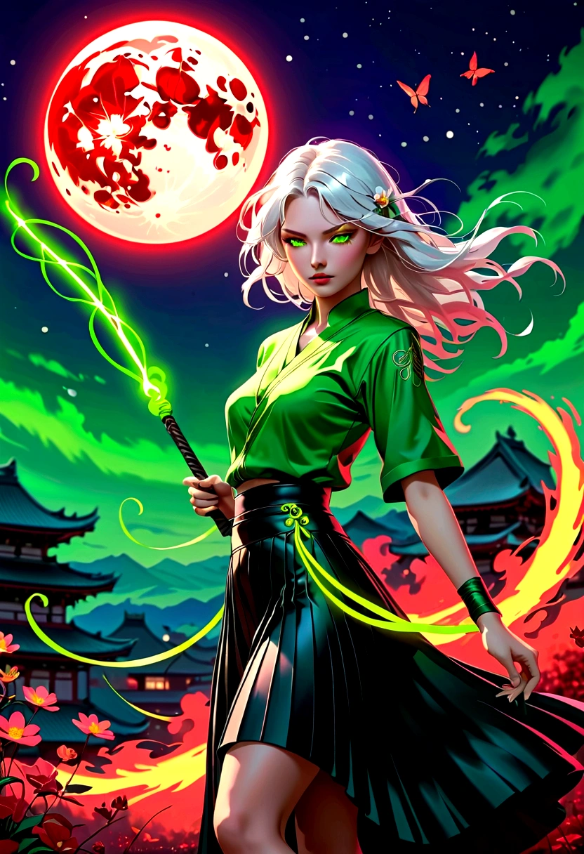 Japanese Anime,1 girl swinging a whip,Silver long hair,White flowers on eyes,Fire butterflys,Anime style,body movements,Sense of Power,Force Value,(((Black pleated skirt,))),Elegant Posture、Red Moon、dark purple tones,Elegant and atmospheric。,(((Fluorescent green whip:1.37。Motion blurred,))),Petals in the sky,Blurred foreground,Face Focus