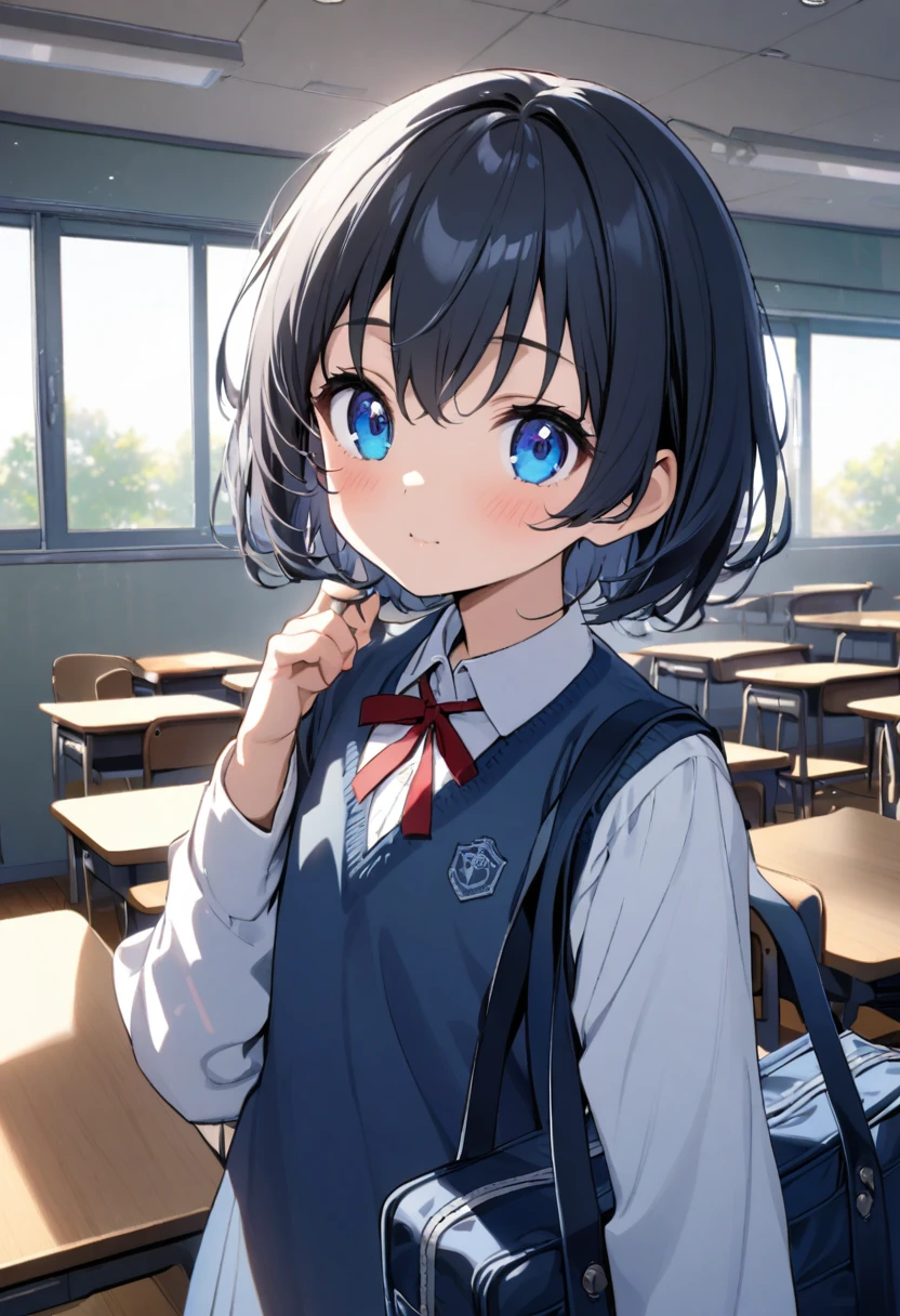 girl,Ten years old、 cute, Black short hair, Big blue eyes, Dark blue school bag、classroom