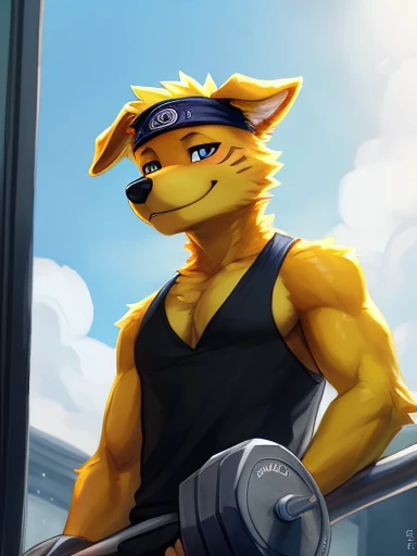((yellow dog Naruto headband, Naruto yellow dog, Naruto as a yellow dog anthropomorphic inside of a school gym working out his really muscles lifting weights, really emphasize on the muscles ,))), looking a t viewer, big chest, day,, sensual, detailed, uploaded to e621, beautiful and detailed p ortrait of an anthropomorphic, (((male))) u ploaded to e 621, zaush, foxovh, movie ligh ting, thicc, al one, detailed, 8k res, hires, de tailed eyes, g ood anatomy, good perspecti ve, towards vi ewer, bebebebebe, by sic klyhypnos, by gerkk, by orf, nice hands, per fect hands, ha ppy, romantic, ray tracing hting, rtx on, B Bebebebebe, by SpiritD, by KOBITOWANI, best quality, masterpiece, p erfect anatomy, detailed picture)),
