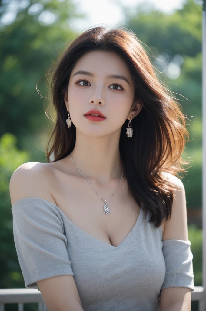 Film portrait photography, 1 girl, bare shoulders,lipstick,(flat chest:1.4), Shoulder length wavy hair, wear necklace,scarf,earrings,short sleeves,serene, calm, (Realistic and detailed eyes, natural skin texture, Realistic facial details), Soft dramatic lighting, depth of field, Bokeh, big breasts,Areola,split,cleavage,Vibrant details, Detailed and detailed, surreal, 35mm film, hazy, ,