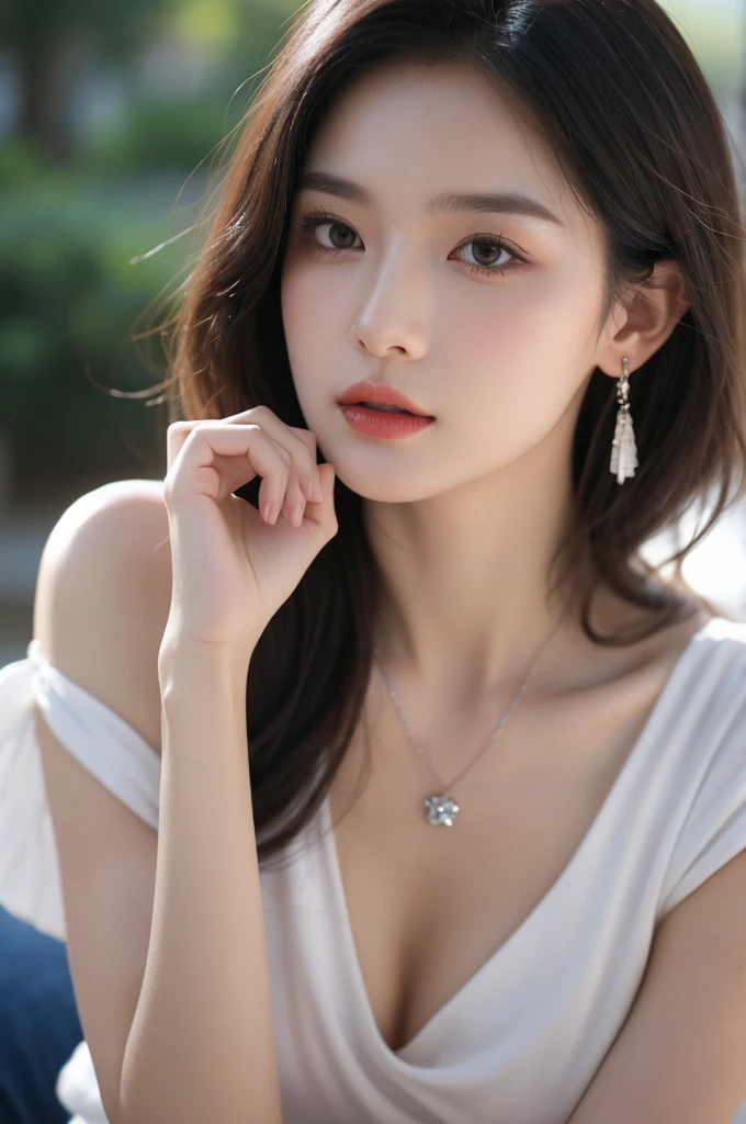 Film portrait photography, 1 girl, bare shoulders,lipstick,(flat chest:1.4), Shoulder length wavy hair, wear necklace,scarf,earrings,short sleeves,serene, calm, (Realistic and detailed eyes, natural skin texture, Realistic facial details), Soft dramatic lighting, depth of field, Bokeh, big breasts,Areola,split,cleavage,Vibrant details, Detailed and detailed, surreal, 35mm film, hazy, ,