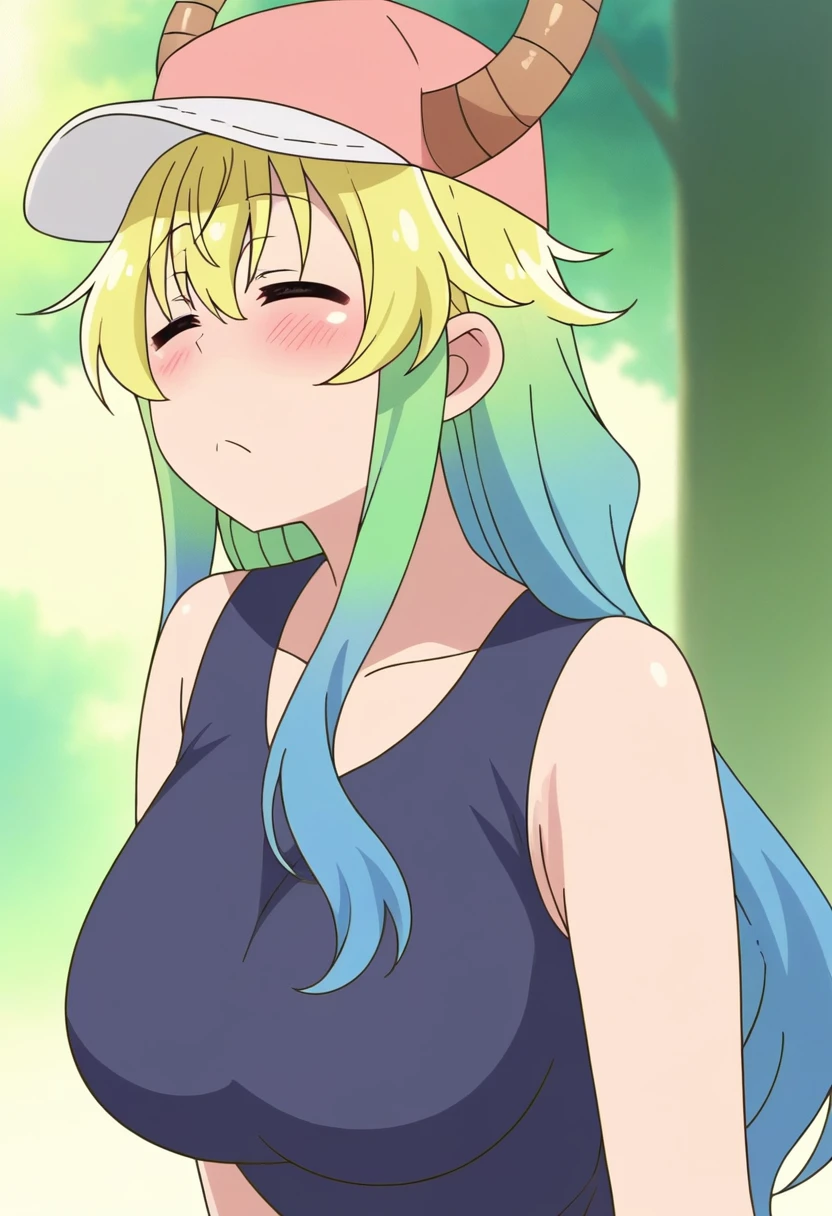 score_9, score_8_up, score_7_up, source_anime,masterpiece,best quality,highres,absurdres,official art,official style,source_anime,anime screencap,anime coloring,megami magazine,anime,animated,explicit, shiny skin,large breasts,lucoa (maidragon), multicolored hair, blonde hair, green hair, gradient hair,dragon girl, horns through headwear,baseball cap, blush, side, on side, closed eyes, head up, swallow, swallowing, closed mouth, neck, looking up,
