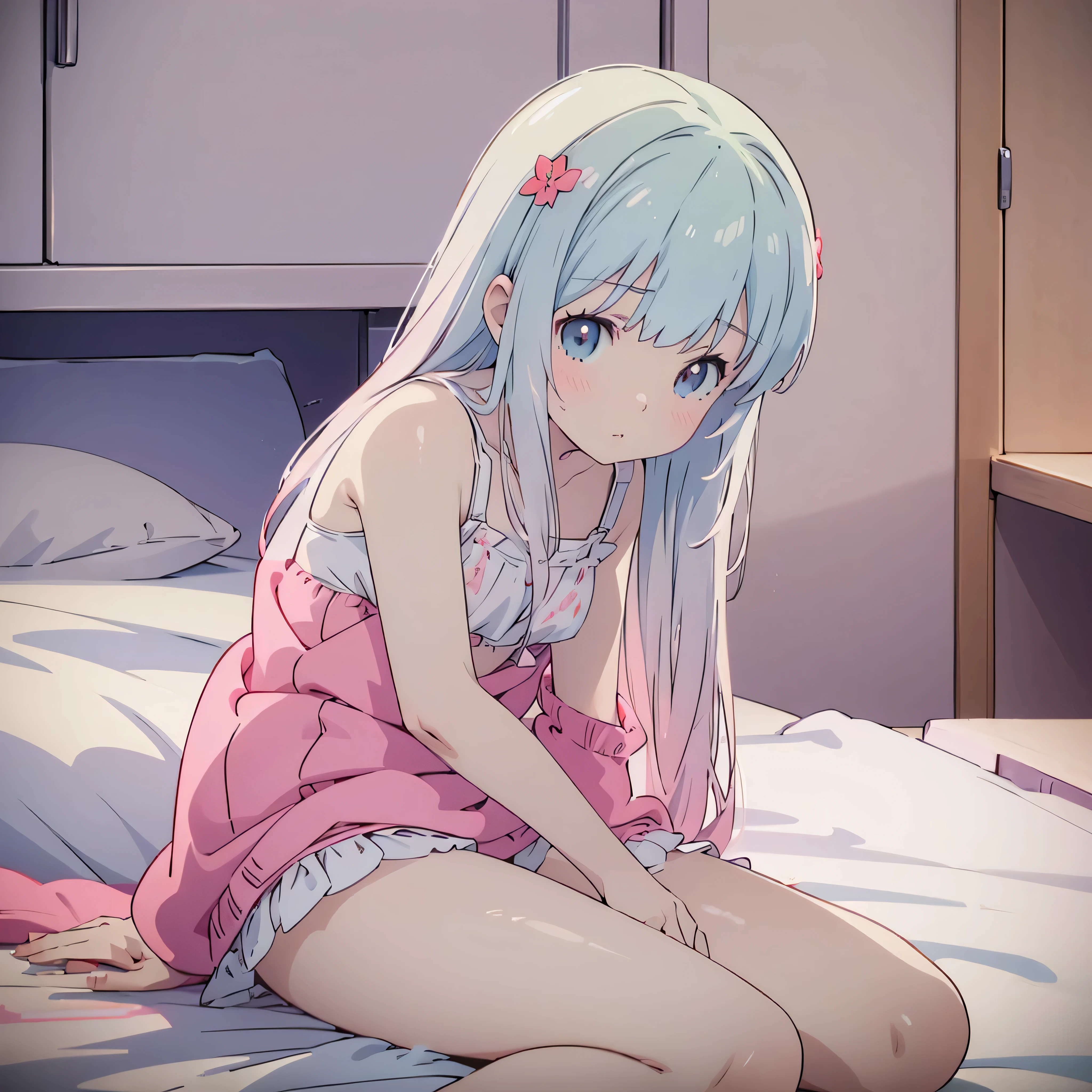 ((masterpiece)), ((Best Quality)), (Ultra-detailed), Anime style, Cute , 1girl in, Solo, 8k, sitting on the bed, young girl , flat chest, no pants ,no bra , shy girl , pink swimsuit