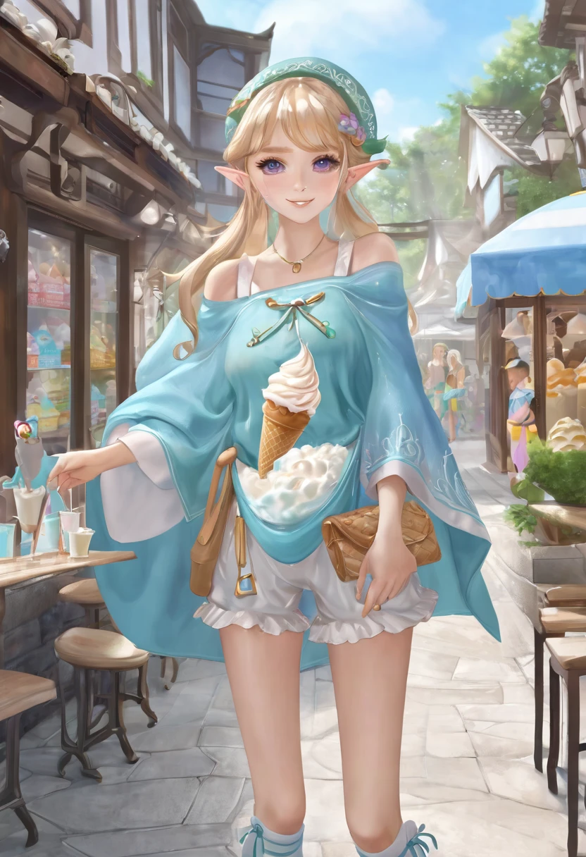 1girl((a girl,elf 1.5meters, 25kg,18 years old female,
((tunic,poncho,(loose pants,bloomers),thigh-high socks, sandals), ((eat soft serve ice cream))