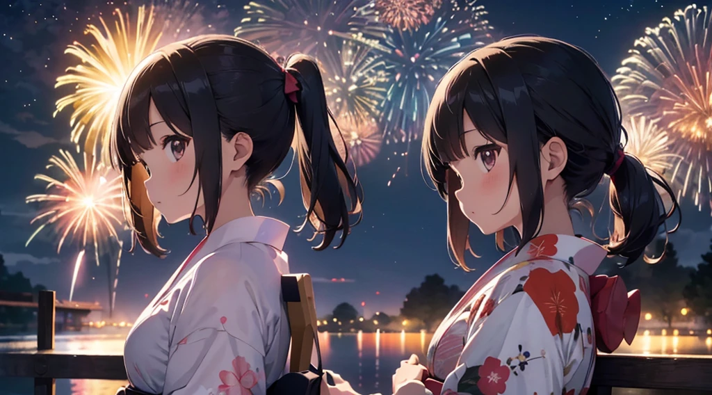 Japanese Fireworks、Date、Girl in yukata、A bright and proactive girl、Night Sky、Girl sitting on the grass watching fireworks、Profile of a girl watching fireworks、painful