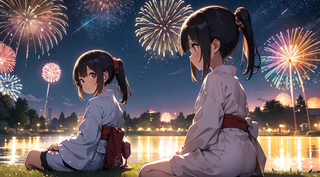 Japanese Fireworks、Date、Girl in yukata、A bright and proactive girl、Night Sky、Girl sitting on the grass watching fireworks、Profile of a girl watching fireworks、painful