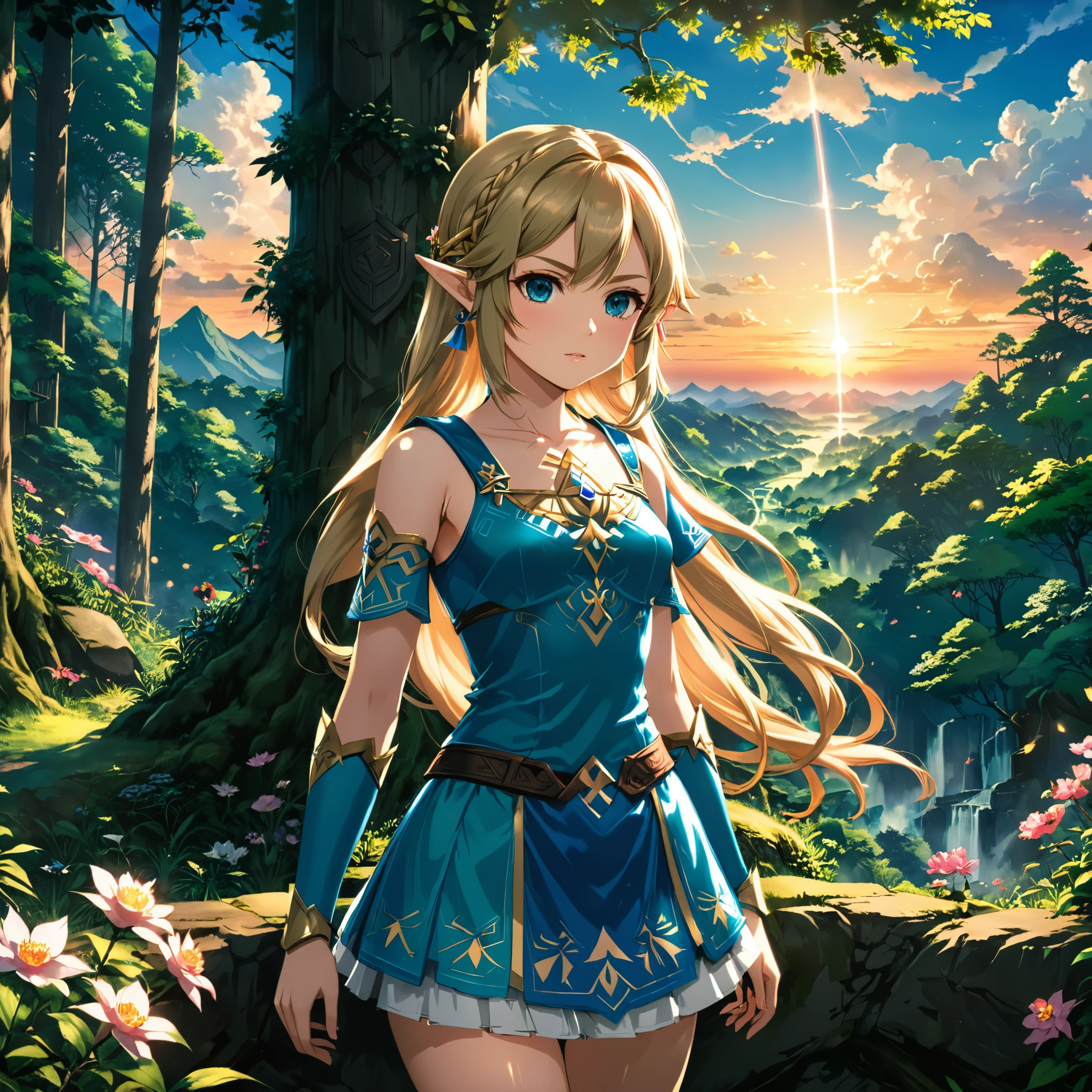 zelda,legend of zelda,zelda outfit,perfect ,innocent,by Yusuke Nakano,flower,forest,sunset,cinematic lighting,anime,(masterpiece,8k,Professional,perfect composition,very aesthetic,absurdres,ultra-detailed,intricate details:1.2),perfect proportion