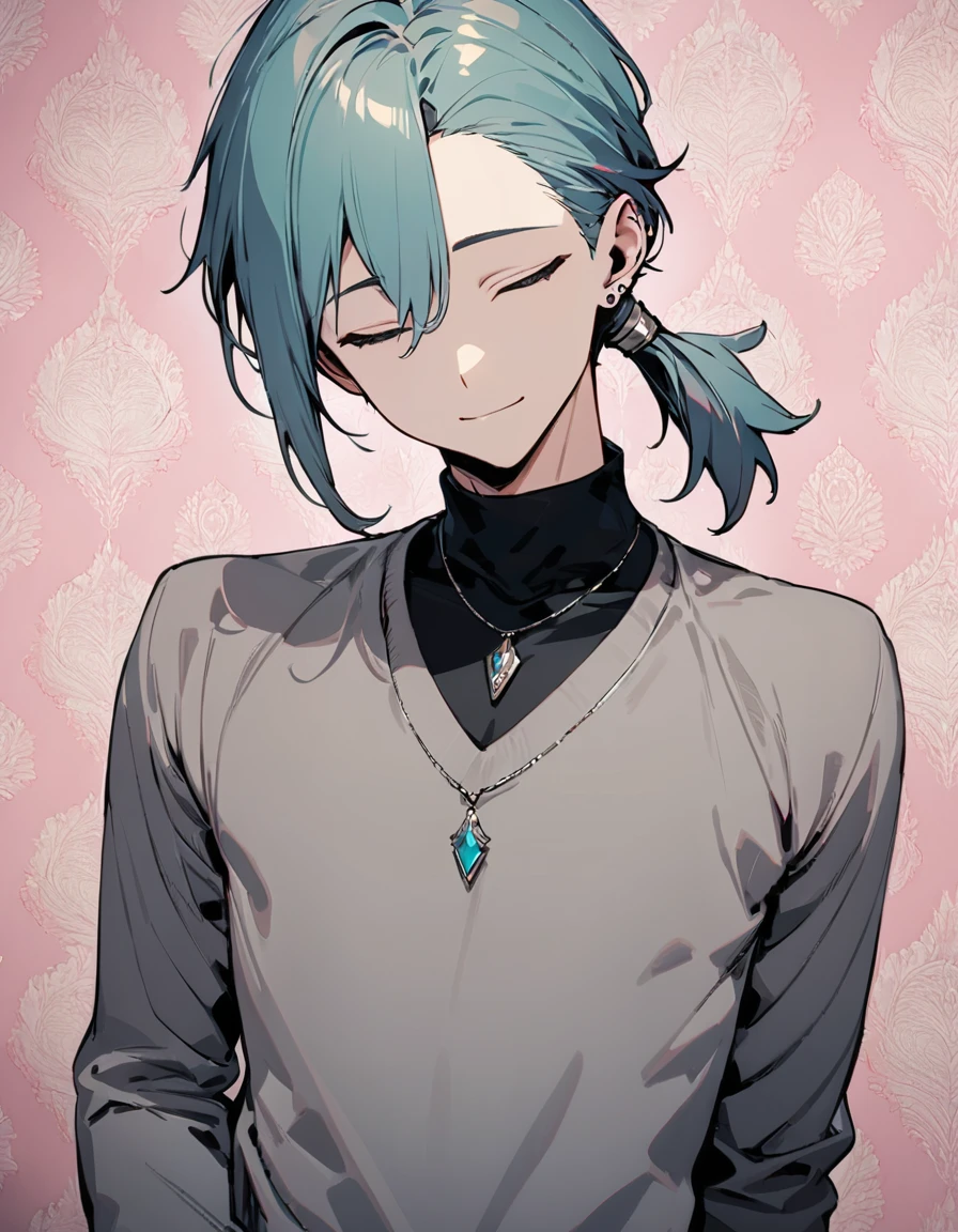 ((((best masterpiece, best quality, wallpaper,)))) solo, guy, male body, small muscles, flat chest, 1male, 30 years old, handsome man, upper body, looking at viewers, beautiful detailed, seductive smile, mediumturquoise hair, ((((Lower short ponytail)))), asymmetrical bangs, ((short hair,)) (((light smile, closed eyes, tareme, droopy eyes,))) (((perfect face,))) perfect hands, sharp nose, clear face, black turtleneck, grey cardigan, ((silver piercing, pendant,)) leggings, pink background color ultrasharp, 8K, masterpiece,