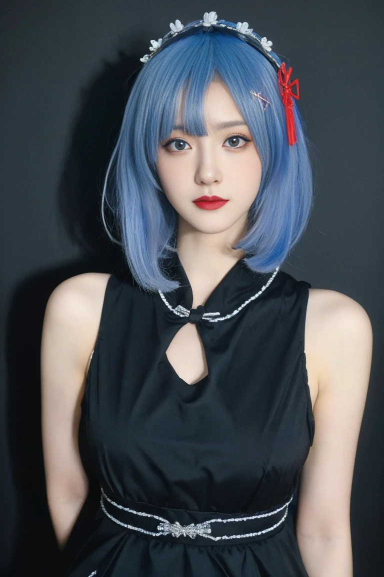 best quality, tmasterpiece,Ultra-high resolution,Clear face,(Reality:1.4),ferpect lighting,(upper body:1.3), (photorealistic:1.50), anime wallpaper, Guviz style artwork, cover-up fantasy up to magic , by Yang J, Guviz, beautiful artwork illustration, beautiful digital artwork, beautiful digital illustration, Li Song, beautiful anime portrait, art style in Beauvot, black nightgown, see-through, yinziping,1girl, 独奏, (blue hair:1.5), short hair, hair ornament, hair ribbon, anklet, dress, black hair, standing, (Chinese dress:1.3), black dress, Hanfu,
