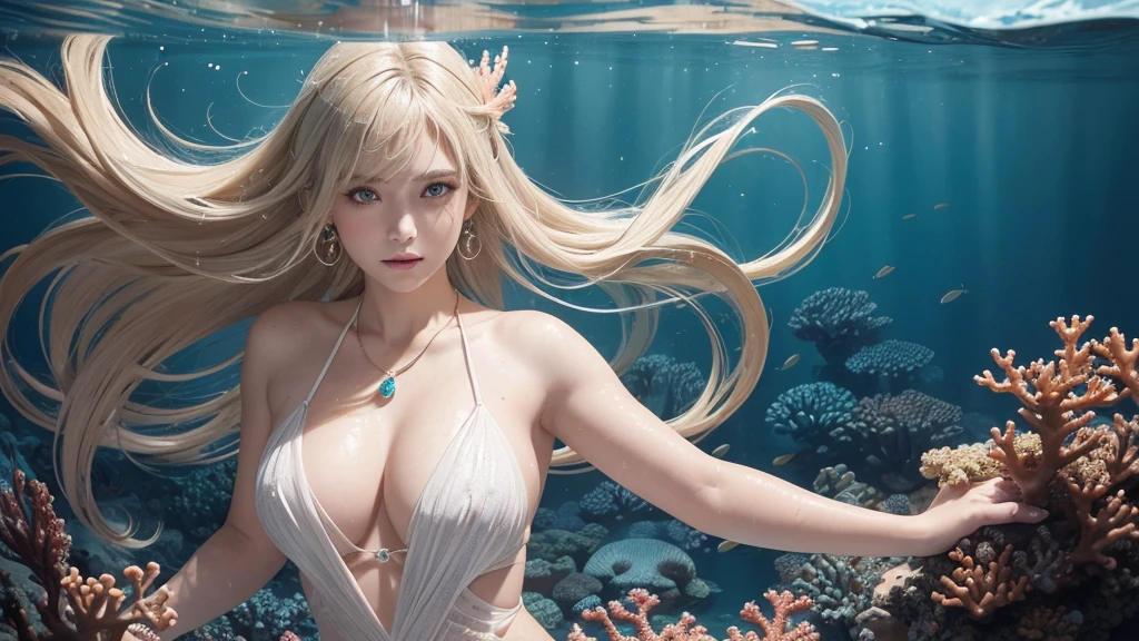 (Highest Quality Realistic Textured Skin),(terrible),(OK, round, Symmetrical eyes),Delicate facial features,(Burning bright cold eyes),(She has a mischievous smile),(Her face is kind and beautiful),Glass earrings in the ears,,(blonde),(Silvery white hair),(Chestnut Hair),(Swim at the bottom of the ocean),(Full body portrait:1.5),(Dramatic Photos:1.4),(Dramatic Pose),(Flashy photos)(look up),(Looking down),(Around her neck is a simple necklace made with exquisite craftsmanship.),Cluttered photos,(Hair flowing in water:1.5),(Underwater, Life at sea, 美しいCoral Reef, fish),(Background vortices and currents),(Dramatic Light),(Nice views),(美しいfishに囲まれて),遠くの背景にはCoral Reefに沈んだ寺院が見える,Coral Reef,Spectacular realism,Cinematic atmosphere,(High-density image review:1.5),(Soft colors:1.2),Very detailed,Dramatic Light,(Intricate details:1.1),Complex background,