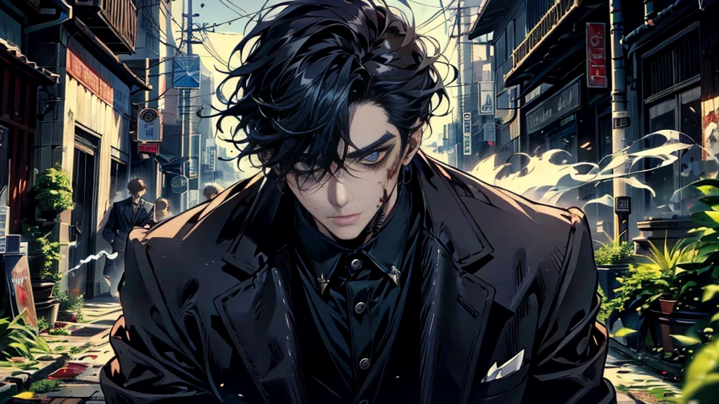 1 boy , black hair , blue eyes , Smoking , bad boy , mafia , wearing a black suit , wound , Masterpiece , best quality , smoke , Blood stains. , Handsomeness , Good skin , nonsense , cool ,