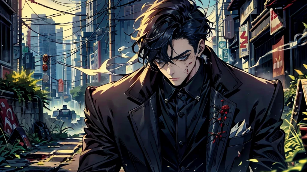 1 boy , black hair , blue eyes , Smoking , bad boy , mafia , wearing a black suit , wound , Masterpiece , best quality , smoke , Blood stains. , Handsomeness , Good skin , nonsense , cool ,