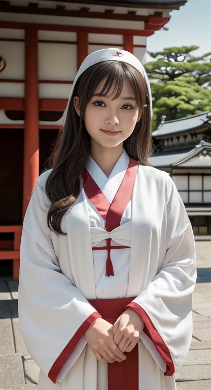 (Highest quality、masterpiece:1.2)、Highest quality、Realistic、photograph、High resolution、1080P、8K、Textured skin、Physical Rendering、 Japanese women、、cute、Young Face、Roll Hair、(Japan shrine priestess costume:1.5 )、Japanese temple grounds、shy、smile、big