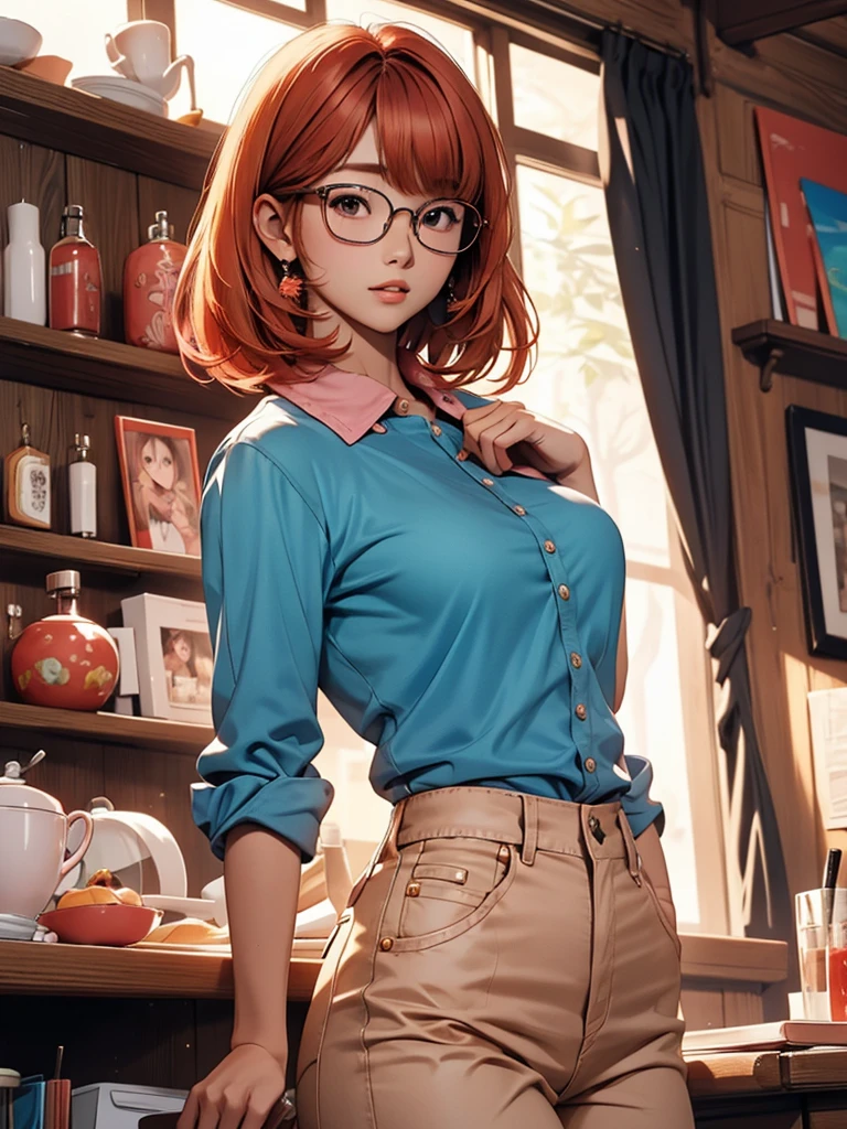 In manhwa art style young adult Korean woman 24s. Her haircut is hime cut with bangs and ginger color. Her face is oval , which carry a hopefully and cool face. Her skin is radiant and clear, and her lips is red pink. Brown color eyes are captivating and beautiful. She is wearing a black pants and blue long-sleeved and glasses blouse while inside his photographic studio 
