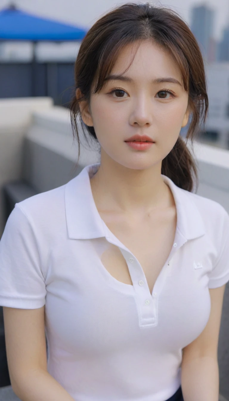 Extreme close-up of beautiful korean female, 34 inch breasts size, wearing polo shirt, sitting on the rooftop, UHD