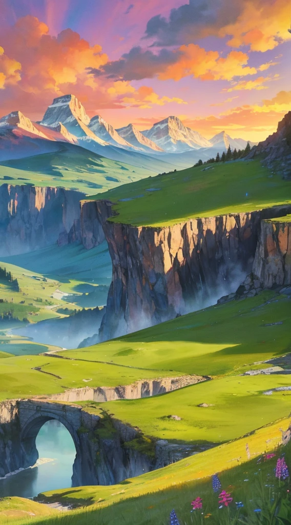 In the verdant countryside, a corridor of rocky mountains stretches out, its rugged peaks bathed in the warm hues of twilight. The air is filled with the vibrant colors of vegetation, lush green foliage and vibrant wildflowers painting a breathtaking tapestry across the landscape. Towering above are immense and full clouds, tinted with hues of orange and pink as the sun begins its descent. The entire scene is crowned by the spectacle of a grand sunset, casting long shadows and creating an atmosphere of tranquility and awe.