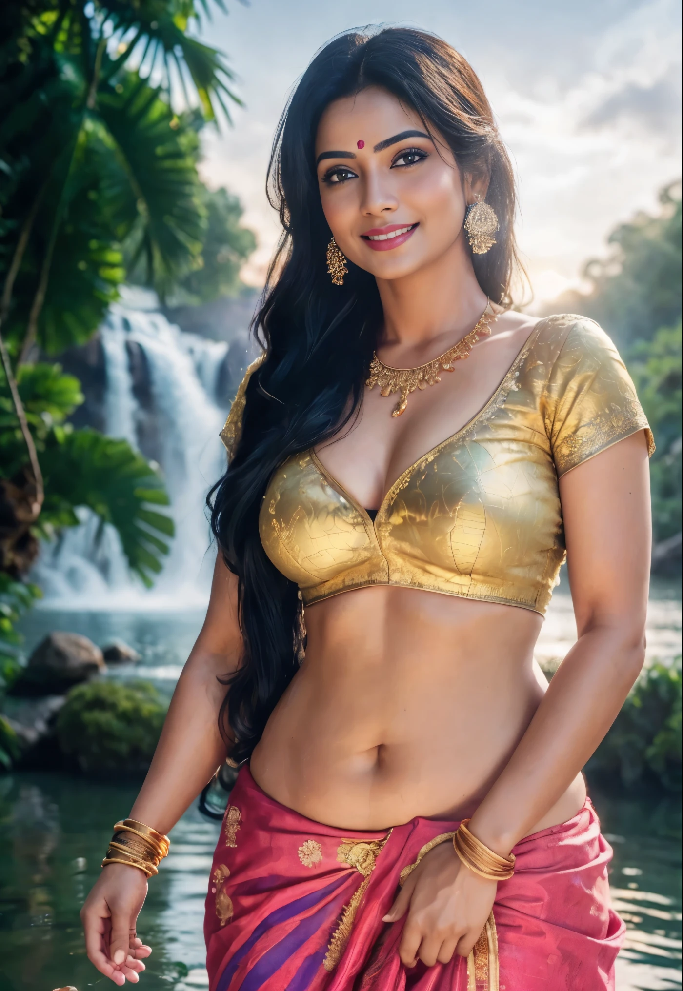 indian mature girl indain women, mature indian ,Masterpiece, blouse less sari(((full figure ))) entire body in frame, (((magical lighting action shot))) (((beautiful fit cute smiling woman standing on marble surrounded by clouds in heaven vast floating lakes rivers waterfalls fantasy landscape))), (((gold lace looking into the camera))) , ((( accurate hands accurate eyes))) moody lighting, blue hour, blue colors, very detailed, dramatic light, 8k HD high definition detailed realistic, detailed, skin texture, hyper detailed, realistic skin texture, armature, best quality, ultra high res, (photorealistic:1.4), high resolution, detailed, raw photo, sharp re, nikon d850 film stock photograph 4 kodak portra 400 camera f1.6 lens rich colors hyper realistic lifelike texture dramatic lighting unrealengine ,cinestill 800, (((accurate female anatomy, perfect eyes))) (((500px, fstoppers, photosight.ru, iso noise)))