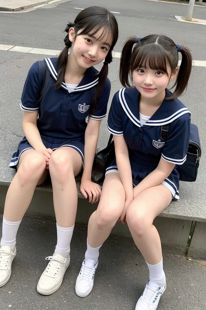 {2 | 3} girls on bench in school street,sailor shirt,navy blue pleated skirt,school bag,18-year-old,bangs,a little smile,thighs,knees,short hair with low pigtails bunches,from below,front light