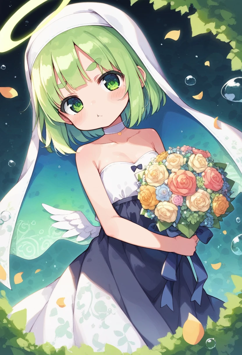 score_9, ,score_7_up, score_6_up, 1girl, source_cartoon, source_anime,breathtalking Scenery,watercolor,smooth soft skin, natural skin,mjm,Bfg
BREAK
(loli:1.4),(little female child:1.4), small breast,cute face, (loli toddler:1.1), 6 yo,kawaii, (highlight on eyes), (jiggly:0.8), shiny skin,beautiful eyes, detailed eyes, puffy eyes,
BREAK
(medium green hair:1.3),(green maro eyebrows:1.6),pouty and slightly grumpy,(pout:1.2), ::(, (jitome),(frown:0.6),white streaked hair, green eyes,
BREAK
(marbled patterns nun dress), (botanical pattern veil:1.2),choker,nun,excessive detailed collarbone,angel wings,angel halo,
BREAK
marbling, marbled patterns,swirling colors, abstract art, ink on water, floating water drops,water effect, ink, deepgreen theme,zentangle,mandala,fractal,tangle,entangle,floral pattern,
BREAK
flowerbackground,flowergarden,flower bouquet, (digits behind bouquet:1.3), (hands behind bouquet:1.3),falling petals,
(holding bouquet:1.1), celebration, Congratulations,confetti, bloom effect,dynamicangle,pastelcolor,upturned eyes,