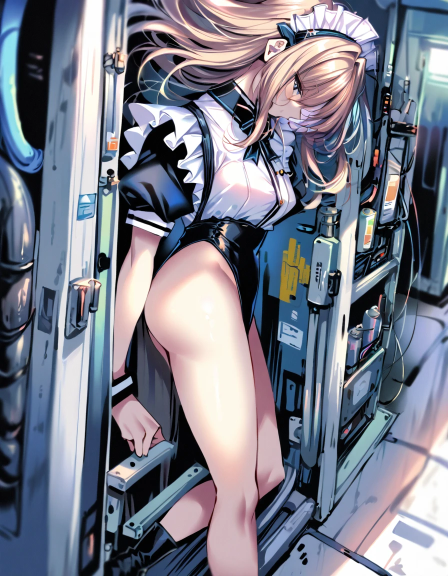 12k,(Perfect Anatomy:1.2, Highest quality),(Maid leotard details:2.0),(3Girls:1.2),,Long Hair:1.5, (Short sleeve, Thighs,Maid Cufflinks),,(High heel lace-up boots:1.4), (Without skirt:3.0),Dark aura,Leotrad,,looking for viewers,Look down,(at a research facility:1.8),(full body:1.4)