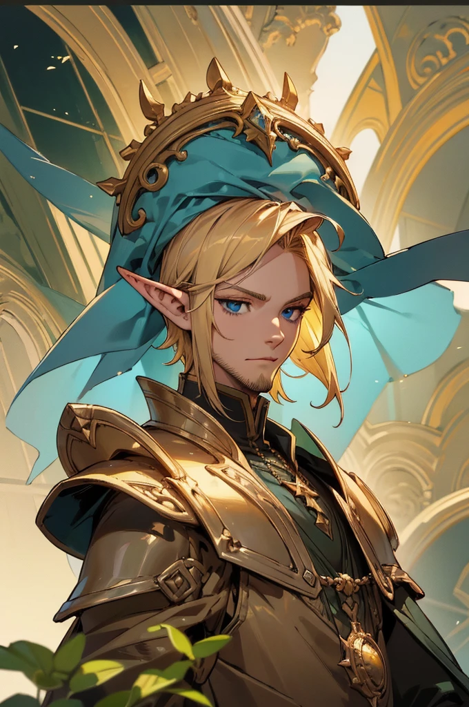 masterpiece, best quality, ultra high resolution, 1man, elven armor, male, fantasy illustration, elf, pointy ears, (old man), art by Kinema Citrus, (dirty blonde hair), baby blue eyes, wrinkles, short beard, perfect eyes