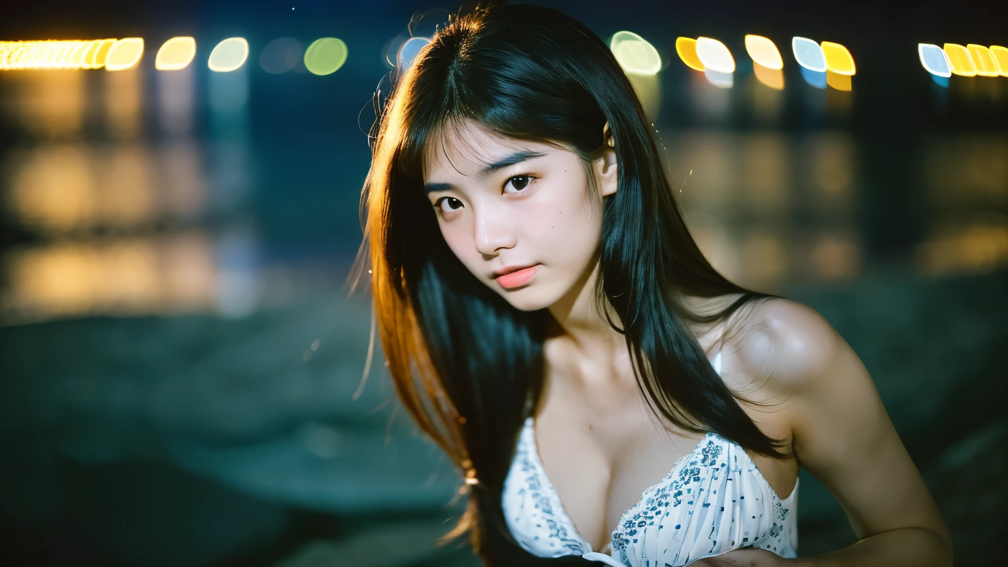 A 20-year-old woman with a very cute idol-like face and a young-looking face.、((leica 50 mm prime lens, cinestill 800T film))、((cinematic lighting))、(Cleavage)、(((Beautiful starry sky on the beach at night)))、((Very dim lighting))、((Don't expose your face to the light))、((Long-distance shot))、(live-actionと見分けがつかない高品質)、RAW Photos、Genuine、live-action、High resolution、masterpiece