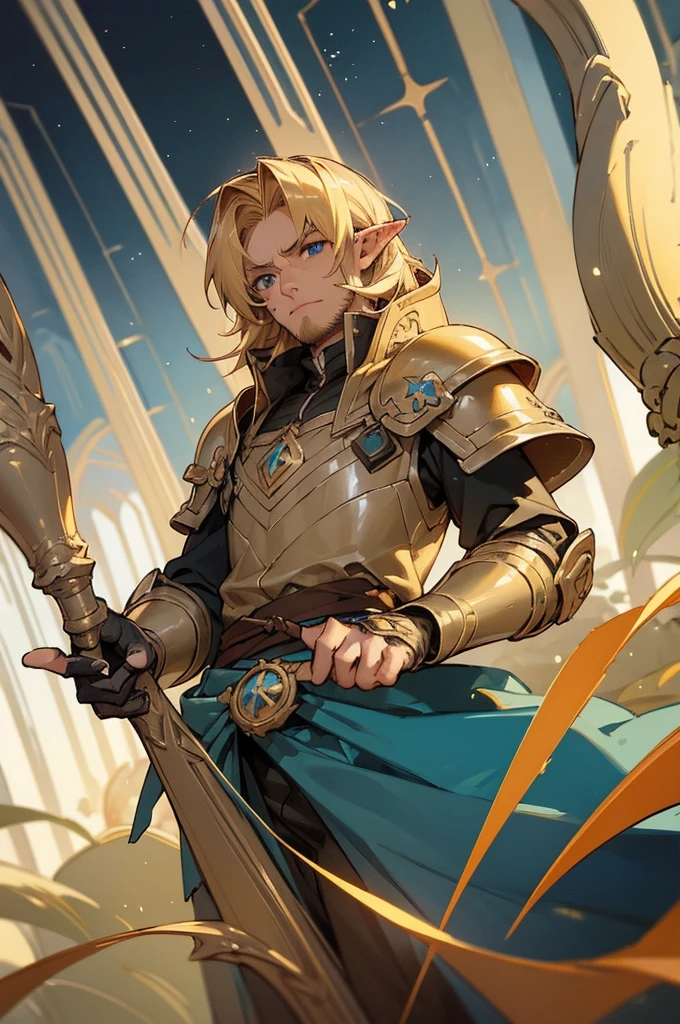 masterpiece, best quality, ultra high resolution, 1man, elven armor, male, fantasy illustration, elf, pointy ears, (old man), art by Kinema Citrus, (dirty blonde hair), baby blue eyes, wrinkles, short beard, perfect eyes