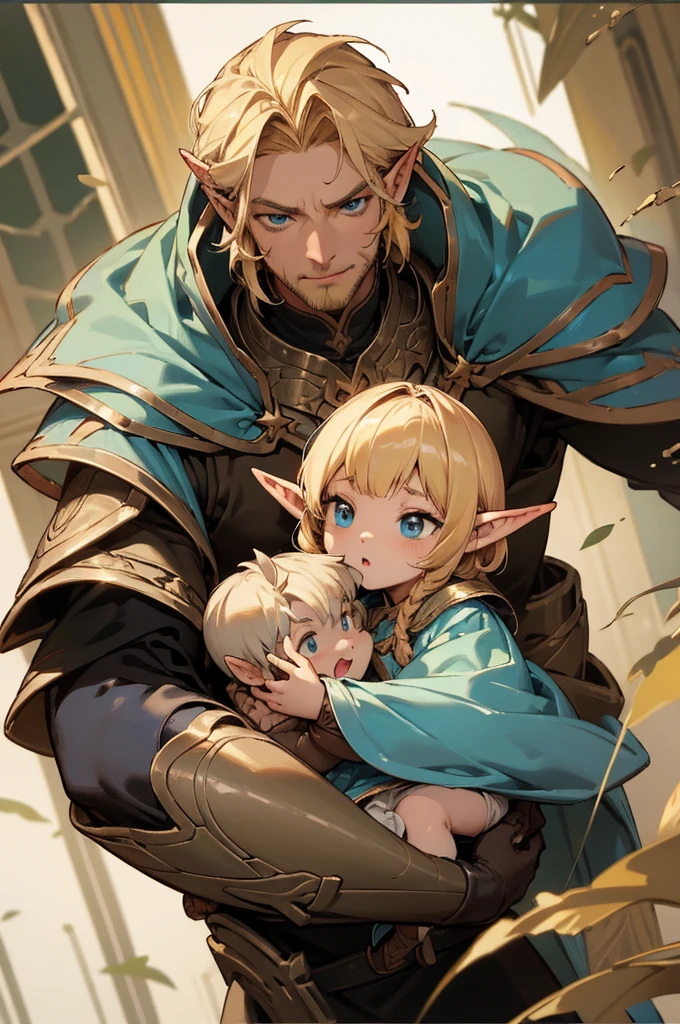 masterpiece, best quality, ultra high resolution, 1man, elven armor, male, fantasy illustration, elf, pointy ears, (old man), art by Kinema Citrus, (dirty blonde hair), baby blue eyes, wrinkles, short beard, perfect eyes
