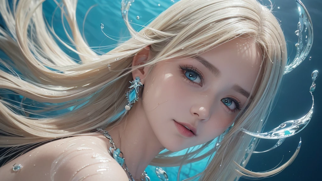 (Highest Quality Realistic Textured Skin),(terrible),(OK, round, Symmetrical eyes),Delicate facial features,(Burning bright cold eyes),(She has a mischievous smile),(Her face is kind and beautiful),Glass earrings in the ears,,(blonde),(Silvery white hair),(Chestnut Hair),(Swim at the bottom of the ocean),(Full body portrait:1.5),(Dramatic Photos:1.4),(Dramatic Pose),(Flashy photos)(look up),(Looking down),(Around her neck is a simple necklace made with exquisite craftsmanship.),Cluttered photos,(Hair flowing in water:1.5),(Underwater, Life at sea, 美しいCoral Reef, fish),(Background vortices and currents),(Dramatic Light),(Nice views),(美しいfishに囲まれて),遠くの背景にはCoral Reefに沈んだ寺院が見える,Coral Reef,Spectacular realism,Cinematic atmosphere,(High-density image review:1.5),(Soft colors:1.2),Very detailed,Dramatic Light,(Intricate details:1.1),Complex background,