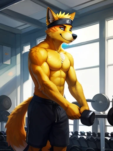 ((yellow dog Naruto headband, Naruto yellow dog, Naruto as a yellow dog anthropomorphic inside of a school gym working out his really muscles flexing his muscles , really emphasize on the muscles, huge muscles flexing ,))), looking a t viewer, big chest, day,, sensual, detailed, uploaded to e621, beautiful and detailed p ortrait of an anthropomorphic, (((male))) u ploaded to e 621, zaush, foxovh, movie ligh ting, thicc, al one, detailed, 8k res, hires, de tailed eyes, g ood anatomy, good perspecti ve, towards vi ewer, bebebebebe, by sic klyhypnos, by gerkk, by orf, nice hands, per fect hands, ha ppy, romantic, ray tracing hting, rtx on, B Bebebebebe, by SpiritD, by KOBITOWANI, best quality, masterpiece, p erfect anatomy, detailed picture)),