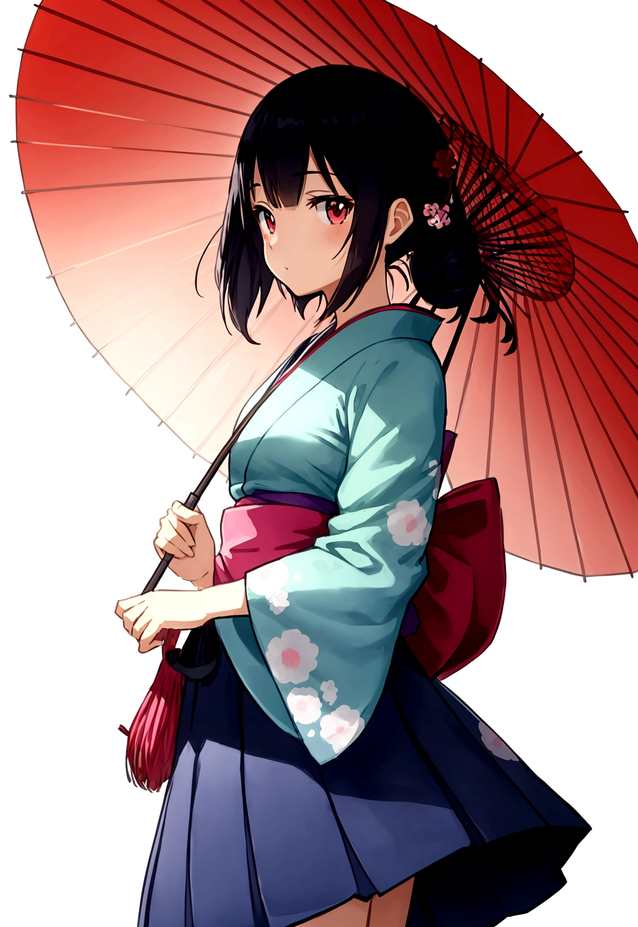 watercolor style,Stylish animated Japanese high girl transparent silhouette, brightly colored umbrellas and polka dot background,