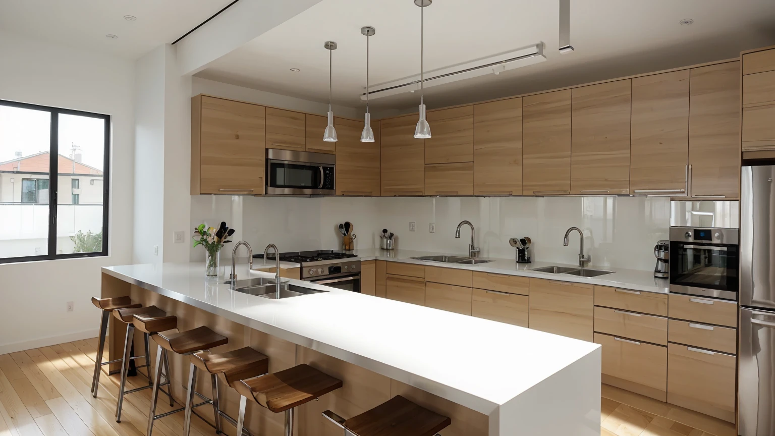 a modern straight shaped kitchen, foldable breakfast counter, natural light, stainless steel appliances, white cabinets, wooden floors, minimalist design, clean lines, open concept, large windows, bright and airy interior, industrial chic style, high ceilings, sleek and functional, contemporary architecture, well-organized layout
