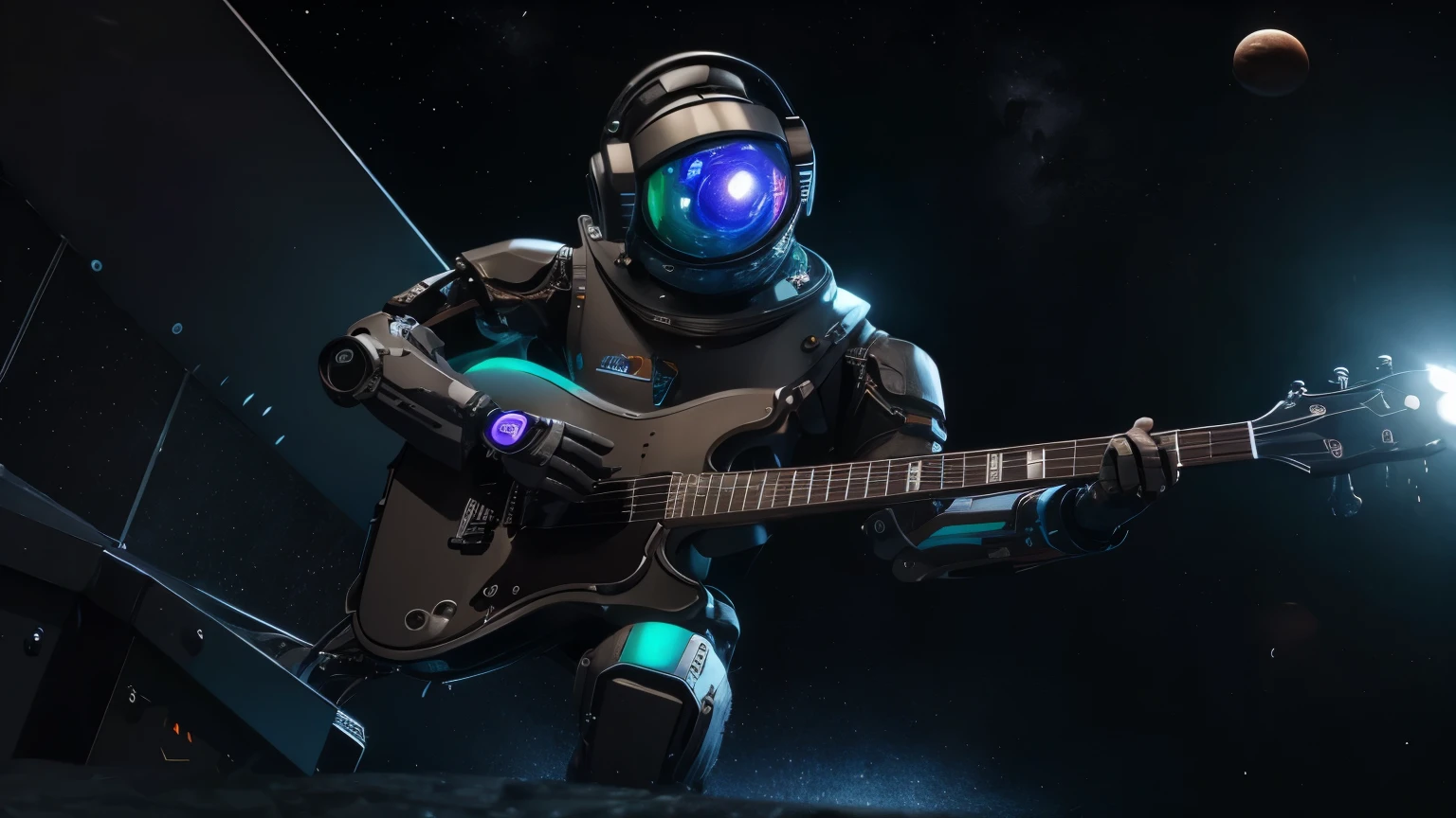 Create in 8k, uhd, A unique ROBOT  PLAYING ELETRIC GUITAR ON A STAGE , SIMULATING OUTER SPACE,