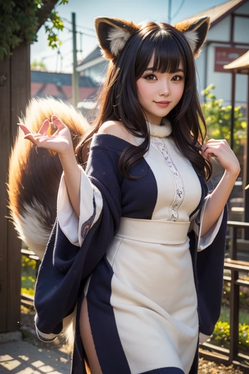 ((Highest quality, 8K)), ((masterpiece)), (Familiar), Perfect Face, Tanuki Woman, Beautiful woman, public, There is a tail, She has a fluffy tail, She keeps a fox'tail, She wags her tail, smile, Collar and leash, She wears a sexy bikini, Beautiful Hips, Big Breasts, Big tail, she turns around, A tail sticking out of a bikini