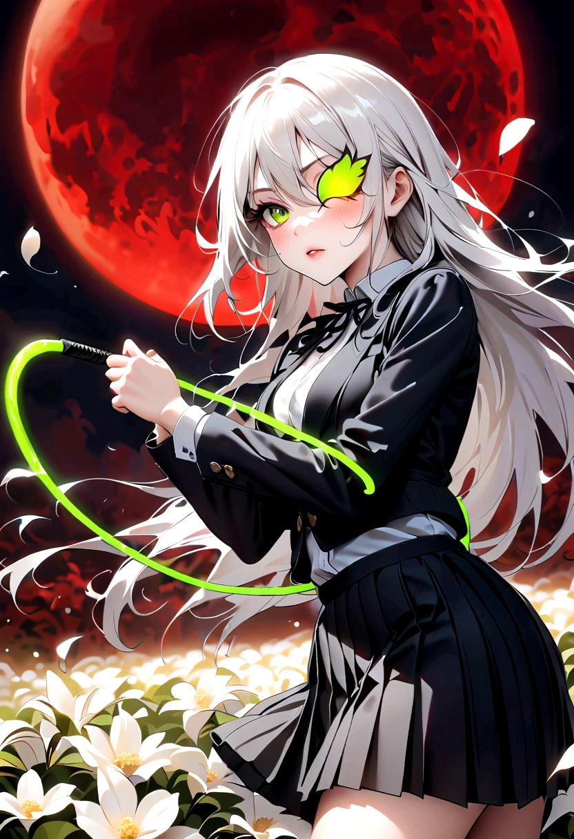 Japanese Anime，1 girl swinging a whip，Silver long hair，White flowers on eyes，Fire  butterflys，Anime style，body movements，Sense of Power，Force Value，(((Black pleated skirt，)))，Elegant Posture、Red Moon、dark purple tones，Elegant and atmospheric。，(((Fluorescent green whip：1.37。Motion blurred，)))，Petals in the sky，Blurred foreground，Face Focus