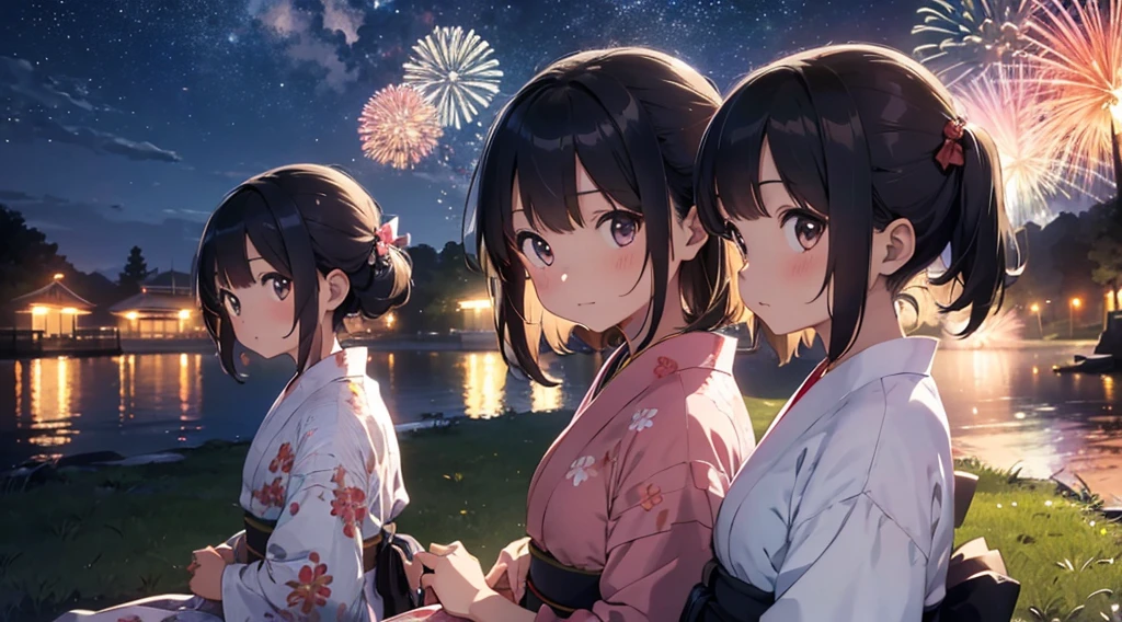 Japanese Fireworks、Girl in yukata、A bright and proactive girl、Girl looking up at night sky、Girl sitting on the grass watching fireworks、Profile of a girl