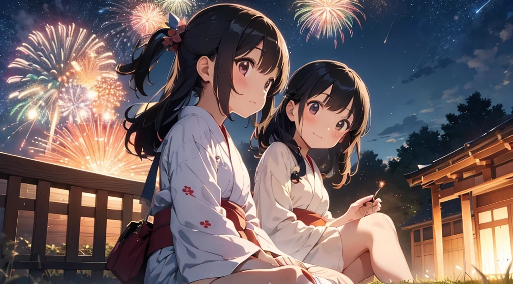 Japanese Fireworks、Girl in yukata、A bright and proactive girl、Girl looking up at night sky、Girl sitting on the grass watching fireworks、Profile of a girl